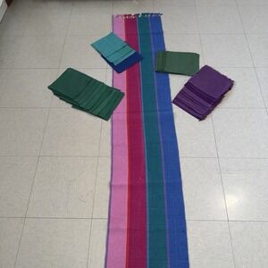 Vintage 80s Mexican Serape Table Runner + 28 Cloth Napkins Set Colorful Boho Dec